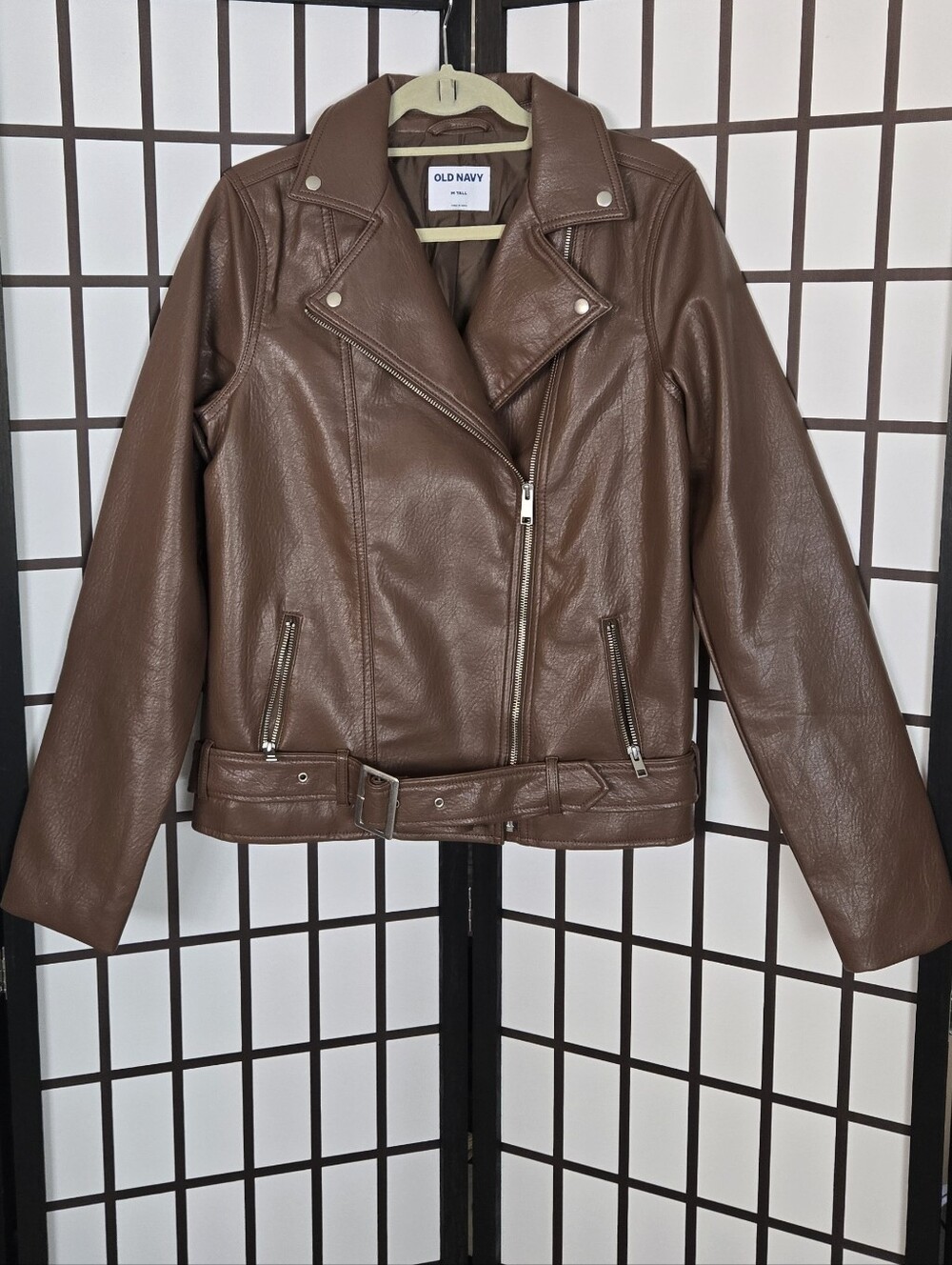 Old Navy Brown Faux Leather Moto Jacket with Belt